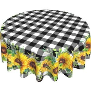 Sunflower Tablecloth Round 60 Inch Fabric Black White Buffalo Check Plaid Table Cloth Washable Spillproof Wrinkle Free Spring Summer Farmhouse Floral Table Cover for Indoor Outdoor Kitchen Dinning