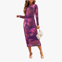 Women's Tie Dye Ruched Long Sleeve Dress Mock Neck Slim Fit Bodycon Maxi Dresses Ruched Bodycon Prom Dress M