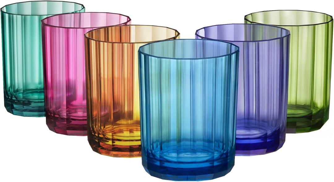 US Acrylic Faceted Plastic Reusable Drinking Glasses (Set of 6) 14oz Rocks Cups Assorted Colors | BPA-Free Tumblers, Made in USA | Top-Rack Dishwasher Safe