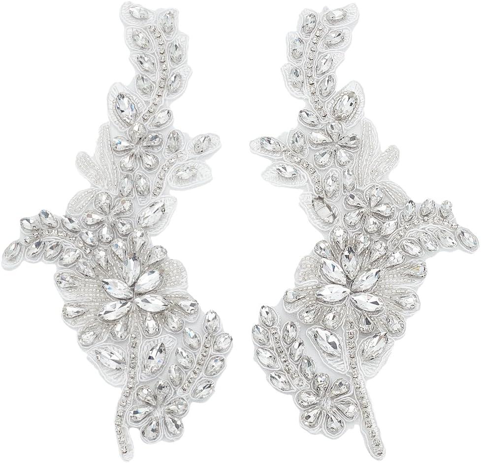 FINGERINSPIRE 2 PCS Handmade Beaded Crystal Patches Sparkly Sewing Floral Rhinestone Lace Applique Patch Clear Glass Rhinestones Embroidery Lace Patches for Wedding Dress Decoration Clothes Accessory