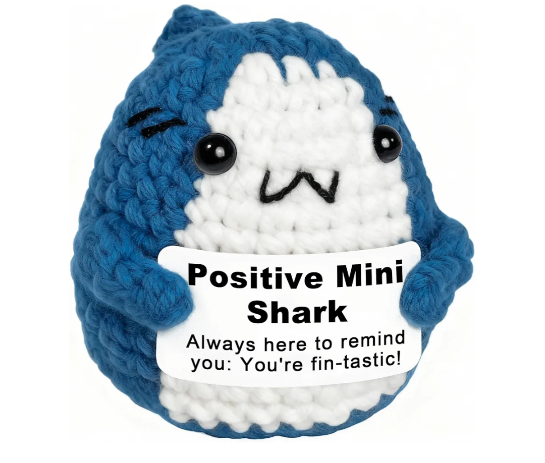 Positive Animals Crochet Shark Gift – Mini Emotional Shark Plush with Support Message, for Coworker or Friend Women Men