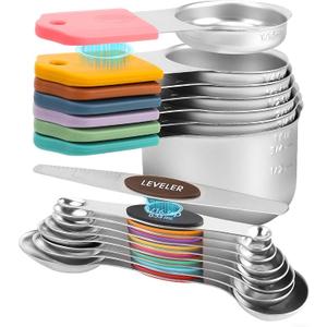 16Piece Stainless Steel Measuring Cups and Spoons Set, Strong Magnetic Nesting Design 7 Cups 8 Spoons with Leveler, Double Measurement Markings for Dry & Liquid Ingredients, Colorful
