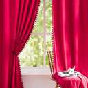 Pompom Velvet Red Curtains 95" inch Long Room Darkening Curtain Set for Living Room Bedroom Window Drapes Soft Winter Holiday Dcor Curtain Panels 42" w 2 Panels