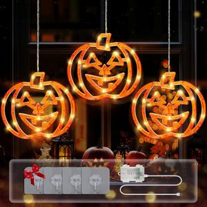 Halloween Window Lights, 48 LED 3 Orange Pumpkin Halloween Lights with Timer, 8 Modes Waterproof USB and Battery Operated Hanging Light for Outdoor Indoor Patio Party Home Decorations