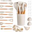 VEVOR Kitchen Cooking Utensils Set, 34 PCS Silicone Spatula Set with Holder, 428F Heat Resistant Gadget Spoons Tools, Wooden Handle Home Essentials Accessories, Silicone Gadgets Cookware, White