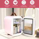 Mini Fridge for Bedroom, 4 Liter/6 Can Skincare Fridge With LED Mirror & Leather Carrying Handle,12v AC/DC Cooler & Warmer Portable Small Refrigerator for Drinks, Makeup, Dorm, Office and Car(Pink)