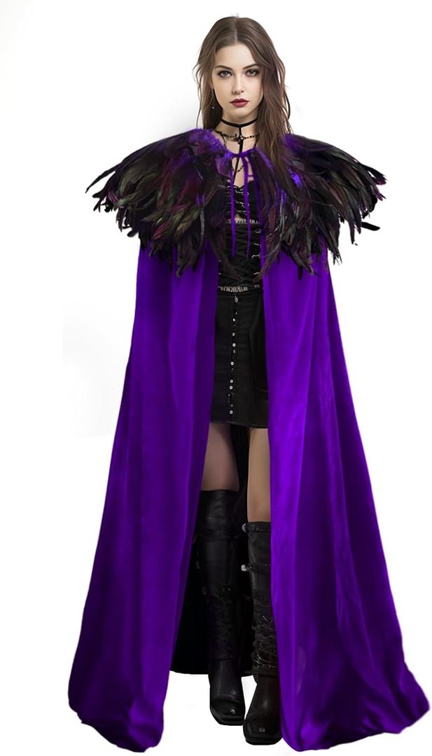 Unisex Solid Color Velvet Adult Cape with Real Natural Gothic Feather Cloak