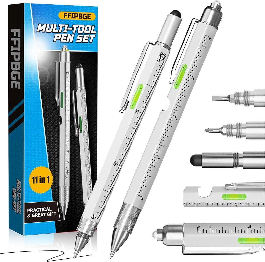 10 x Christmas Stocking Stuffers for Men Adults, 2 Pack Multi-Tool Pen Set, 11 in 1 Multitool Pen with LED Light, Ruler, Level, Screwdriver, Stylus, Flathead, Birthday Gifts for Men, Husband, Silver