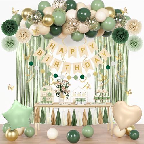 Sage Green Birthday Party Decorations for Women Girls, Green Olive Gold Sand White Confetti Foil Balloons Happy Birthday Banner Fringe Curtain Hanging Swirls Circle Dots Tassels Pompoms Party Supplies