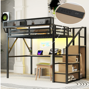 High Loft Bed Metal Bed Frame with Stairs Built-in Shelves and Wardrobe, Side Grid Rack, Light, Charging Station and Desk