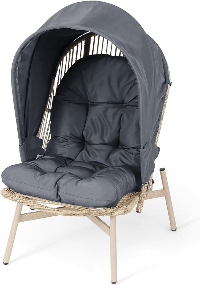 Athena Collection Rattan Egg Chair with Foldable Canopy, Patio Egg Chair Indoor Outdoor Lounge Egg Chair with Stand & Detachable Cushion for Garden, Porch, Backyard, Balcony, Gray (Grey)