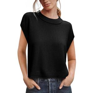 Saodimallsu Womens Cap Sleeve Sweater Vest Crew Neck Casual Lightweight Knit Summer Short Sweaters Pullover Tank Tops Black