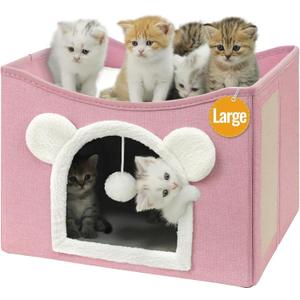 Cat House Cat Beds for Indoor Cats Large Foldable Multifunction Cat Cave for Pet with Hover Ball and Scratching Board(Pink, Large Cat House)