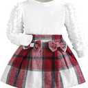 Noubeau Toddler Girls Plaid Outfits Girls Puff Sleeve Knit Ribbed Shirt Tops Plaid Skirt Set Kids Fall Winter Clothes (6 Years)