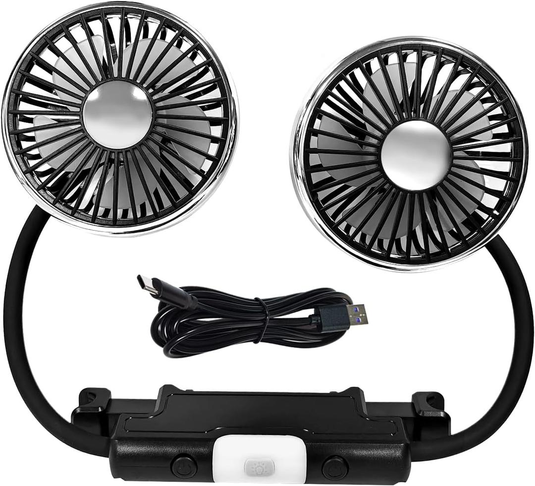 Dual Head Car Fan USB Powered, 3 Speed Adjustable 360 Rotatable Cooling Air Fan with 2 LED Lights for Dashboard SUV RV Truck Sedan Home Office, Portable Rear Seat Fans for Kids