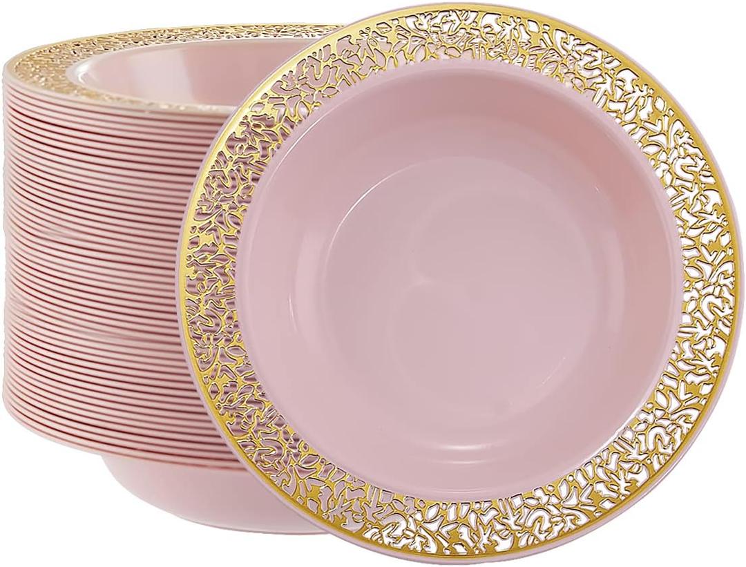 I00000 60pcs Pink Gold Plastic Bowls, 12 oz Dessert Bowls, Gold Lace Trim China Look, Premium Heavy Duty Soup Bowls for Party, Pink Gold salad Bowls for Wedding