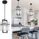 Black Crystal Pendant Light for Kitchen Island, Luxury Water Ripple Glass Chandelier Lights Fixture, Modern Elegant Adjustable Pendant Lighting for Dining Room Bedroom, E12 Bulb, L6.5'' x H11.8'' (Black L7"*H12")