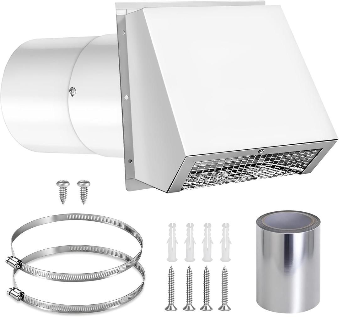 6 Inch Hooded Wall Vent with Screen and Damper, Wall Exhaust Vent Cover, 6 Inch Range Hood Wall Vent Cap, Outdoor Hooded Wall Vent for Dryer Vent, Range Hood, Kitchen, White