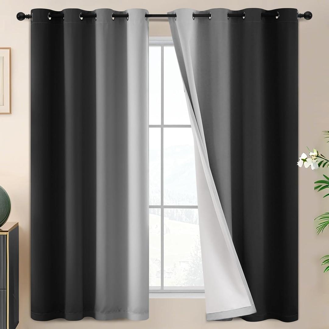 SimpleHome Ombre 100% Blackout Curtains for Bedroom 63 Inches Long, Black with White Liner Room Darkening Thermal Insulated Grommet Curtain/Drapes for Living Room,2 Panels Set