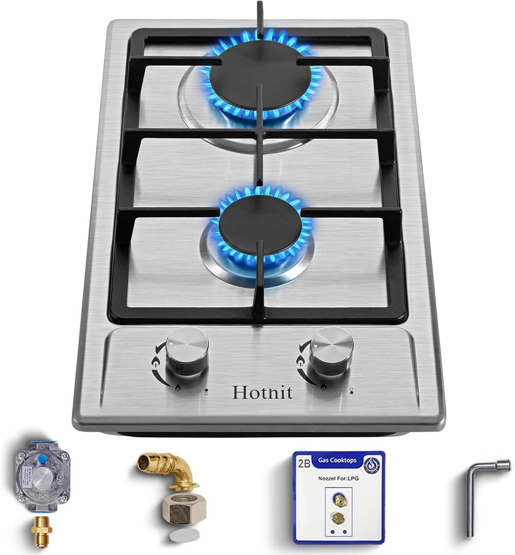Hothit 2 Burner Propane Gas Cooktop, 12" Inch LPG/NG Dual Fuel Built-in Gas Stove Top, Stainless Steel Electronic Ignition Gas Hob for Apartment, Outdoor, RVs(L12"W20")