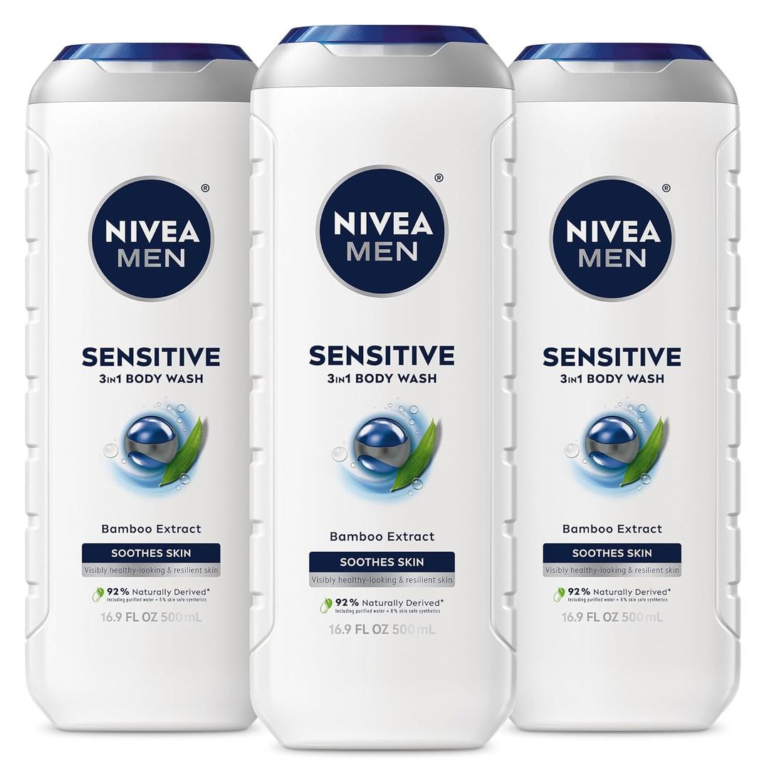 NIVEA MEN Sensitive Body Wash with Bamboo Extract, Moisturizing Body Wash for Sensitive Skin, Soap Free Shower Gel for Men with No Drying Alcohol, 16.9 Fl Oz Bottle, Pack of 3