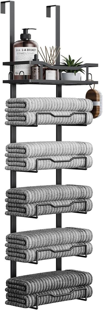 Aetyord Hanging Towel Racks for Bathroom No Drill - 6-Tier Over The Door Bath Towel Storage Organizer for Small Bathrooms - Tiered Back of Door Towel Holder Hanger for Rolled Towels RV Camper Black