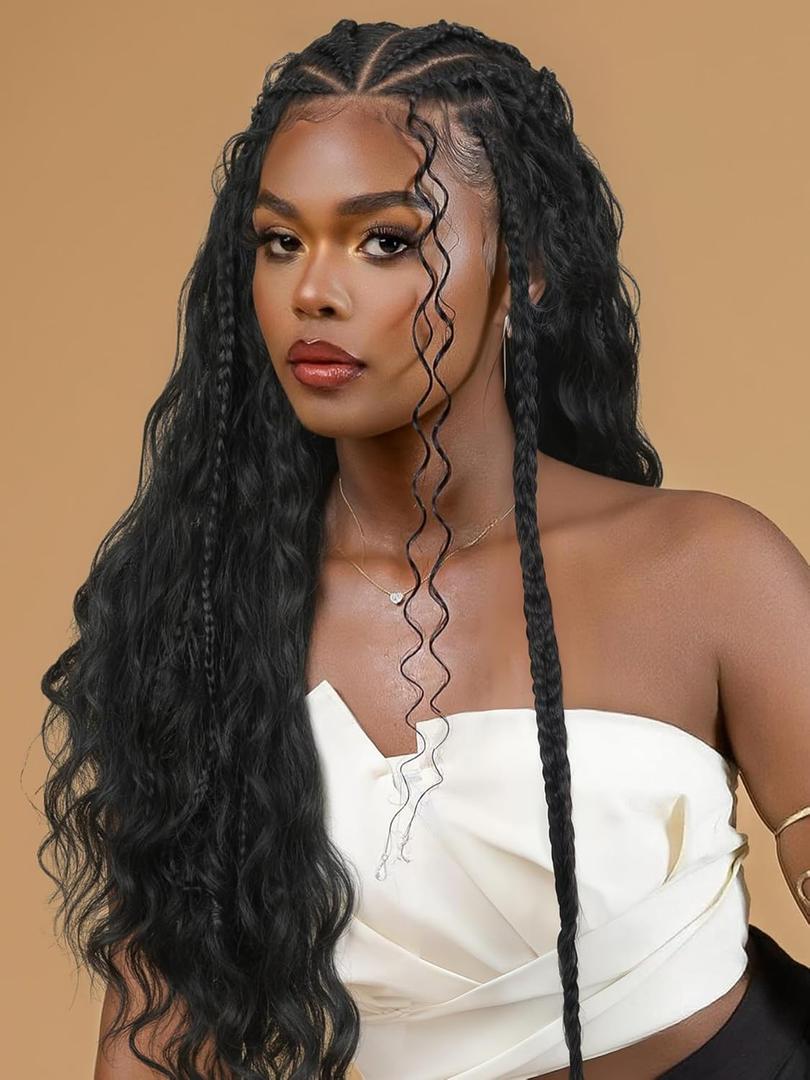 Fancy Hair 136 Lace Front Braided Wigs for Black Women 26 Inch Handmade Cornrow Curly Hair Fulani Wig with Face Framing Boho Hair Pre Plucked Glueless Lace Frontal Boho Braids Wig with Baby Hair