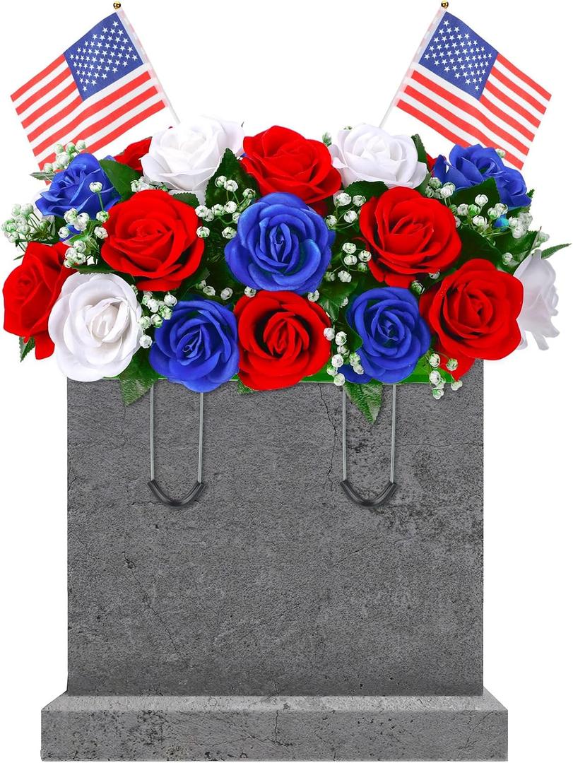 Memorial Day Decorations for Cemetery, Saddle Headstone Artificial Red White and Blue Roses with American Flags for Patriotic 250th Anniversary 4th of July Tombstone Outdoor Decor