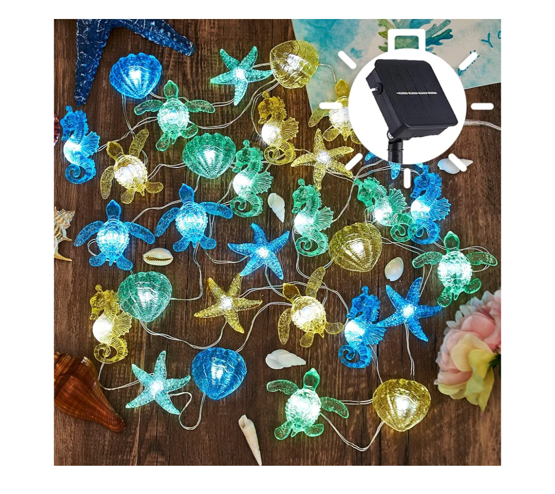 Coastal Solar String Lights Outdoor Garden Lights Marine Life Solar Fairy Garden Lights for Outside 14ft 40LED Waterproof Turtle Seahorse Starfish Clam Beach House Nautical String Lights Yard Decor