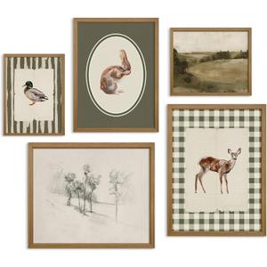 Vintage Nursery Wall Art Kids Canvas Poster Baby Boy Room Wall Decor Green Rabbit Wall Art Bunny Bird Prints Deer Picture Farmhouse Painting Nursery Artwork for Bedroom 8x10 Inch Wood Framed Set of 5