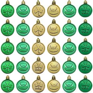 St. Patrick's Day Ornaments Set - 30 Pcs Shamrock & Top Hat Decorations with Pre-Attached Hanging Strings for Easy Setup - Green & Gold Holiday Decor (Round Shamrocks)