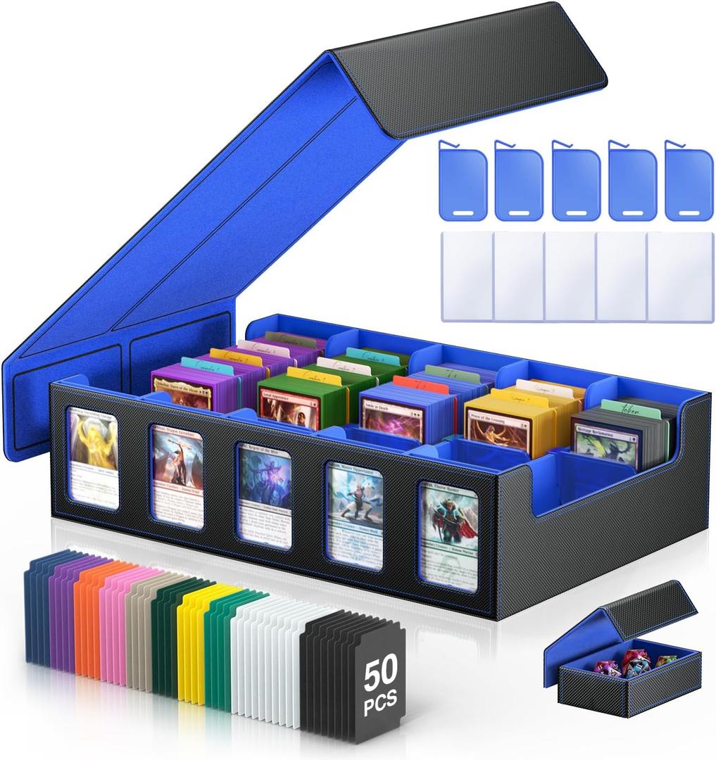 Trading Card Storage Box 5-Row 3900+ Capacity,TCG MTG Card Case with Magnetic Lid & Commander Display,Top Loader Storage for Sports Cards,Includes Dividers Dice BoxBlackBlue