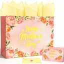 5 x GLURUITE 13" Mothers Day Gift Bag with Card and Tissue Paper Gold Foil Happy Mother's Day & Floral Design for Moms Grandmas Wife