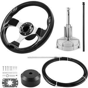 Boat Steering System, 16ft Cable Outboard Steering Kit 3/4"" Standard Tapered Shaft, Boat Steering Control Cable for Yachts, Fishing Boats and Other Watercraft - with Steering Wheel