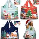 6 Pcs Extra Large Christmas Reusable Grocery Bags Jumbo Santa Tote Bags with Handles Foldable Shopping Storage Pouch Waterproof Oxford Cloth for Gift Holiday Party 19.69" x 15.75", 3 Style