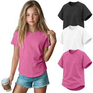 3 Pack Girls' Short Sleeve T-Shirts Loose Fit Crew Neck Tops Raglan Curve Hem Shirts Casual Kids Basic Tees 5-14Y