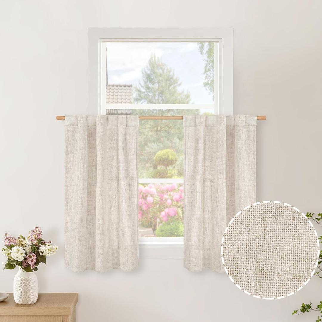 BGment Small Linen Curtains 36 Inch Length for Kitchen Cafe Window - Rod Pocket Half Window Drapes Light Filtering for Bathroom Back Tab Short Curtain Decorative, 2 Panels, 29 X 36 Inch