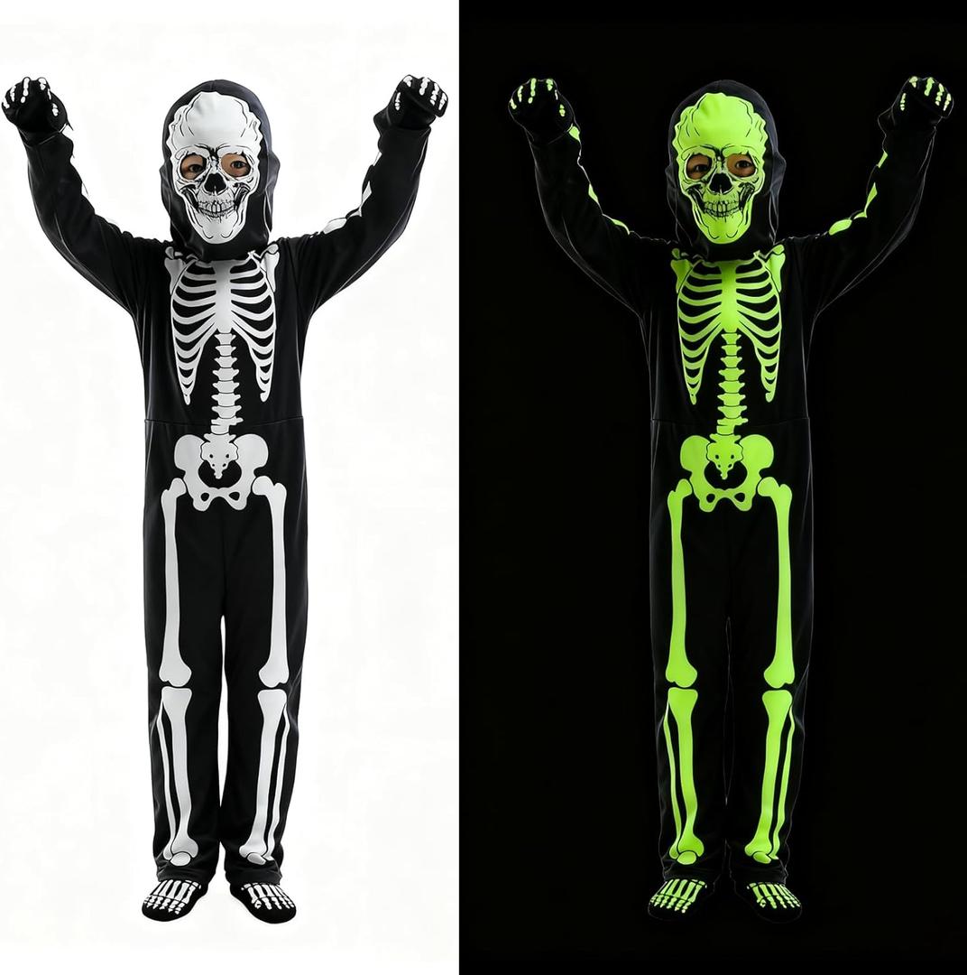 Kids Glow Skeleton Costume: Boys Girls Glowing Skeletons Clothing 4 Set for Holloween Cosplay Party (L (7-9 year))