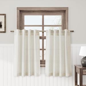 Cream Small Linen Textured Curtains 54 Inches Length House Kitchen Semi Sheer Short Curtains Back Tab Pocket Boho Light Filtering Tier Window Curtain for Bathroom 36Wx54L