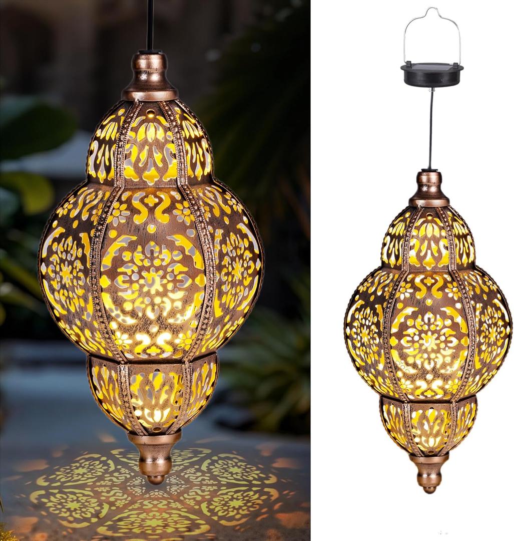 Hanging Solar Lanterns,Outdoor Garden Decor Solar Lantern Metal Moroccan Yard Art Gardening Decorative,Outside Hanging Lights Christmas Decorations for Gazebo Patio Chandelier Garden Gift (Gold)