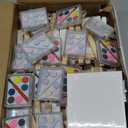 24 Sets Mini Paint Canvas Kit Mini Acrylic Art Party Favor Watercolor Painting Set with Panel Wood Easel Small Art Strips Palettes Brush Teacher School Classroom Reward Party Supplies Birthday Gift