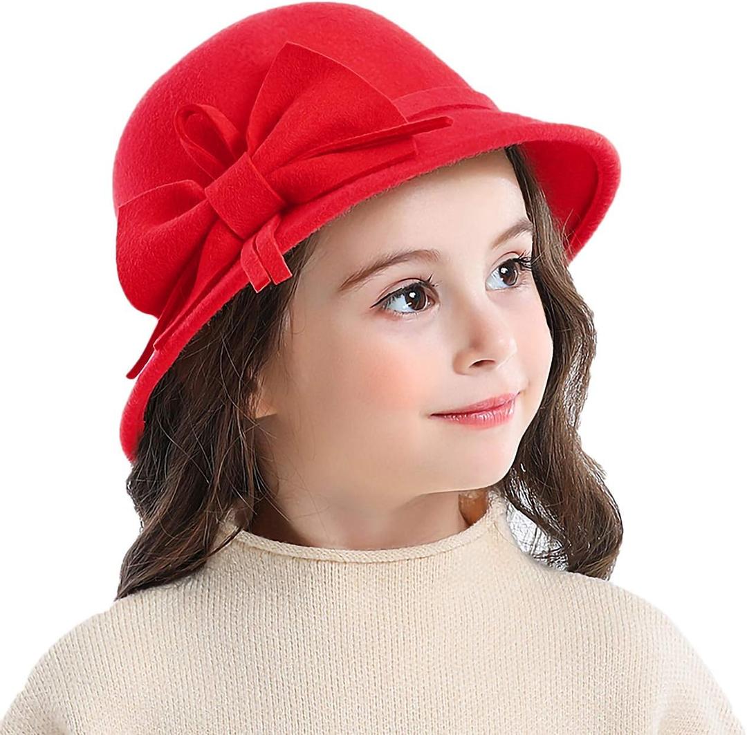 Bienvenu Kids Girls Winter Warm 100% Wool Bucket Hats Fedoras with Bowknot (One Size, Red)