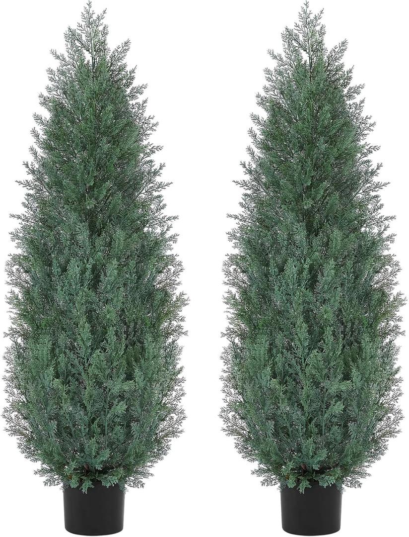 4Ft Artificial Cypress Trees (Set of 2) Outdoor Indoor, Realistic Faux Potted Cedar Trees with UV Protection, FakeTopiary Trees in Cement Pot for Entryway Patio Porch Garden Office Home Decor
