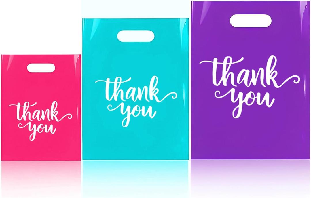300 Pcs Thank You Bags for Small Business, 3 Size Plastic Mini Retail Merchandise Vendor Shopping Bag with Handle for Boutique Store, Wedding Party Goodie Bulk (Mixed color)