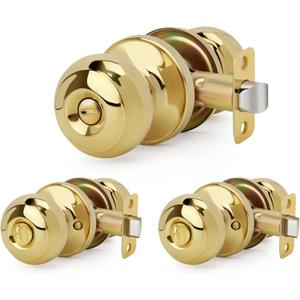 3 Pack Wholesale Flat Ball Door Knob with Lock, Keyless Privacy Round Design Doorknob for Bathrooms/Bedrooms, Polished Brass Finish