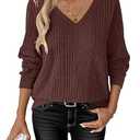 ANRABESS Womens V Neck Sweaters 2025 Fall Long Sleeve Shirts Lightweight Ribbed Knit Basic Casual Office Work Tunic Tops Deep Brown X-Large