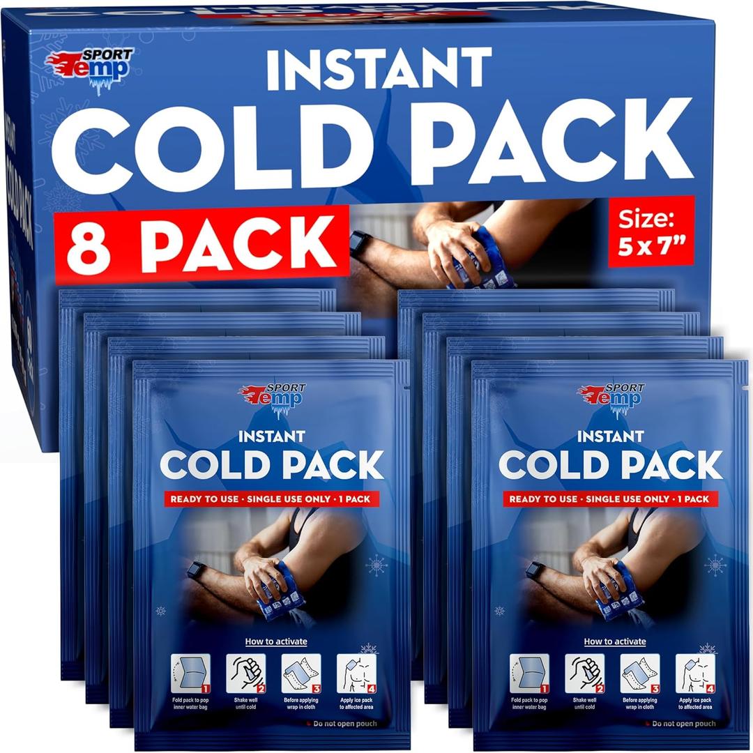 Sport Temp Instant Ice Cold Packs (7x 5) Disposable Ice Packs for Pain Relief, Swelling, Injuries, Toothaches, and Sprains Cold Therapy for Athletes, First Aid, Travel & Outdoor Use (8 Pack)