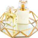 Feyarl Small Gold Glass Perfume Tray Jewelry Trinket Organizer Tray Ornate Vanity Cosmetic Makeup Display Decorative Tray for Home Decor Dresser Tabletop Countertop (7inch) (7" x 7" x 1.4")