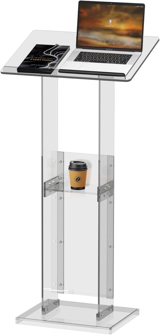 Acrylic Podium Stand with Storage Shelf, 45.5" Modern Clear Lectern with Reading Platform for Classroom, Weddings, Conference, Concert, Professional Presentation Podiums (White)