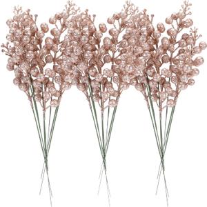 Sea Team 24-Pack Artificial Glitter Holly Berry Twig Ornaments, Decorative Fruit Sticks, Glittery Stems, Picks, Branches for Christmas Tree, Small Vase, Holiday, Wedding, Party (11", Rose Gold)